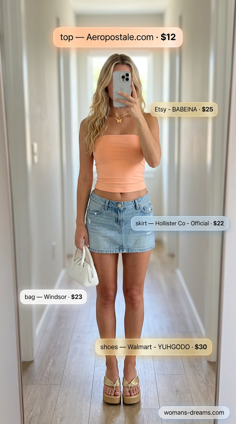 Butterfly Y2K summer outfits for women 2026: Bright orange tube top, low-rise denim mini skirt with butterfly detail.