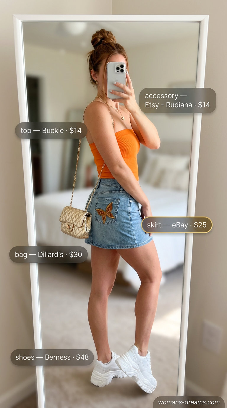 Playful butterfly Y2K summer outfit for women 2026: denim mini skirt, tube top, platform sneakers, gold necklace.