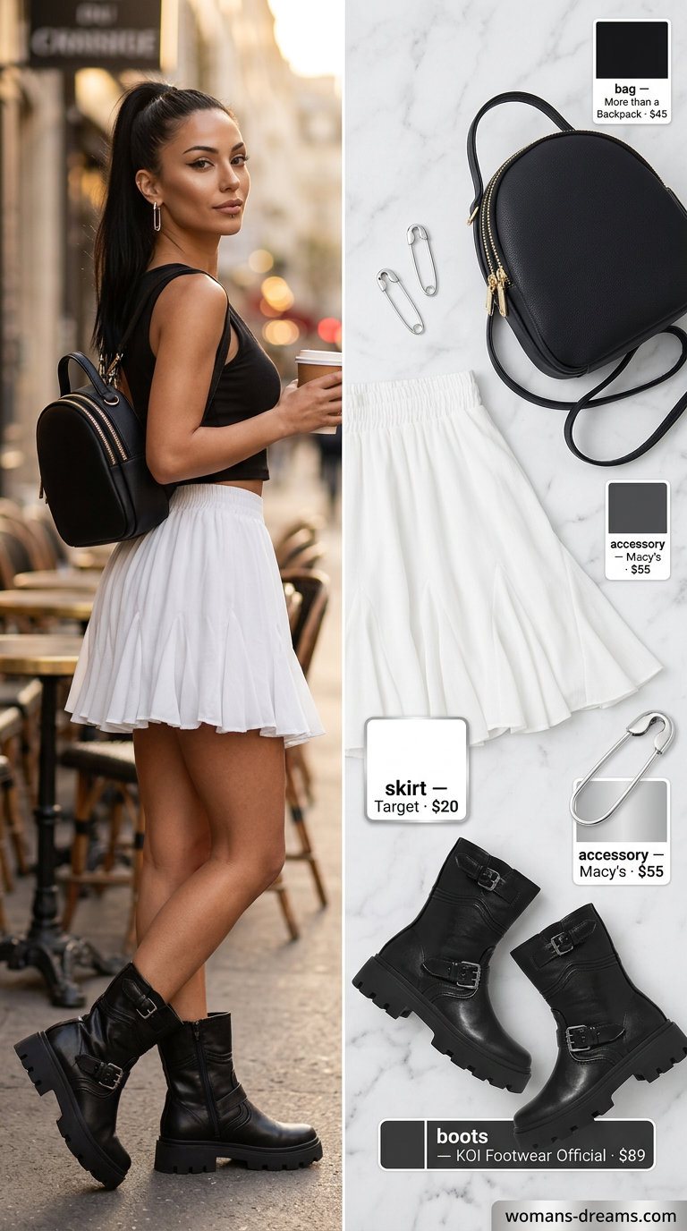 Edgy butterfly Y2K summer outfit for women 2026: baby tee, pleated mini skirt, combat boots, safety pin earrings.