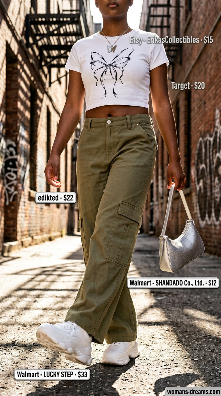 Khaki green cargo pants, white baby tee with butterfly, and silver chunky sneakers for butterfly Y2K summer outfits for women 2026.