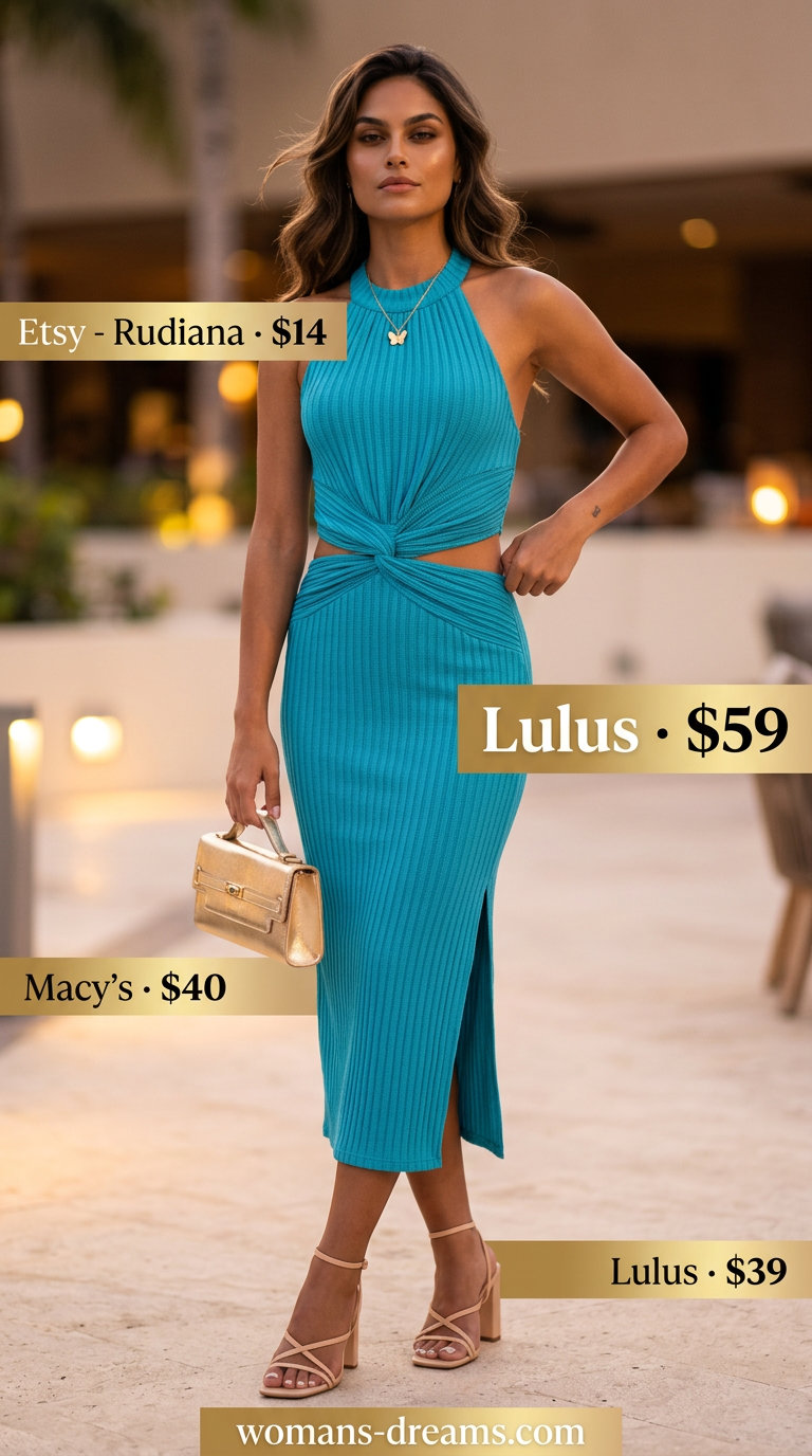 Turquoise butterfly print midi dress with cut-outs and gold accessories for butterfly Y2K summer outfits for women 2026.