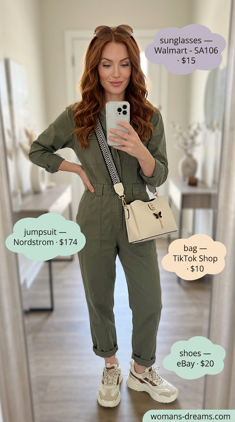 Adventurous butterfly Y2K summer outfit for women 2026: utility jumpsuit, retro sneakers, crossbody bag, butterfly sunglasses.