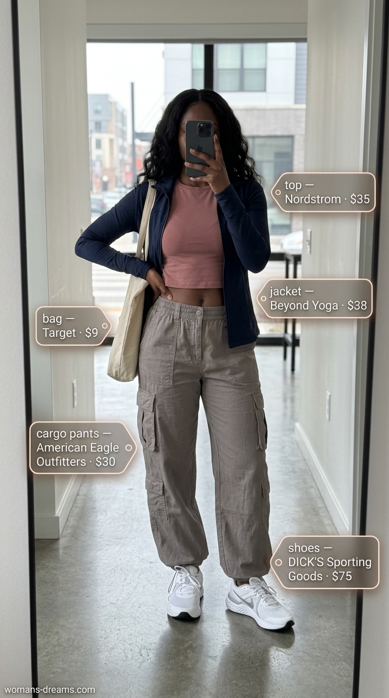 Grey tech cargo pants outfit for women 2026, ideal for airport travel and gym commutes. Athleisure style.
