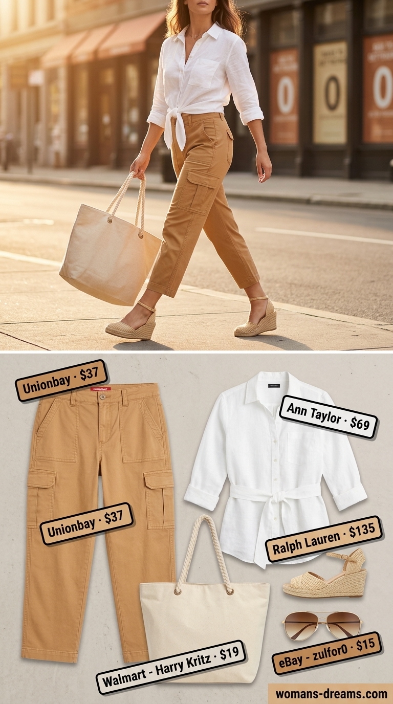 White cargo pants outfit for women 2026, ideal for coastal town visits and brunch. Breezy, relaxed style.