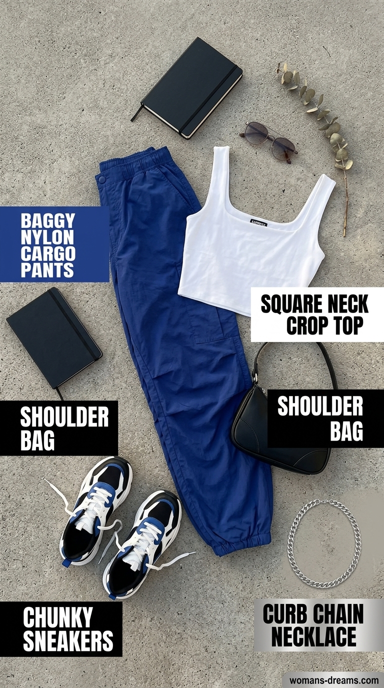 Cobalt blue cargo pants outfit for women 2026, ideal for art walks and creative events. Includes crop top & sneakers.