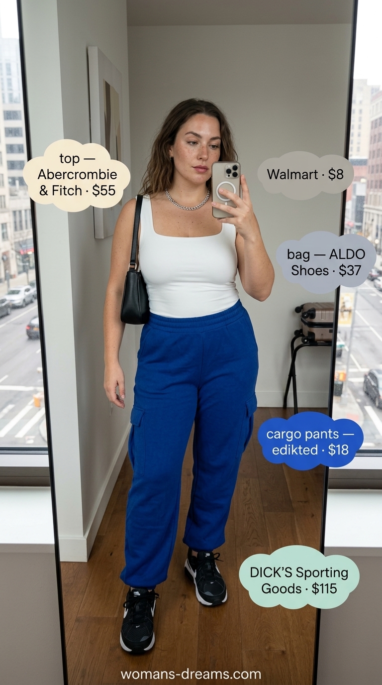 Cobalt blue cargo pants outfit for women 2026, perfect for art walks and creative events. Features crop top & sneakers.