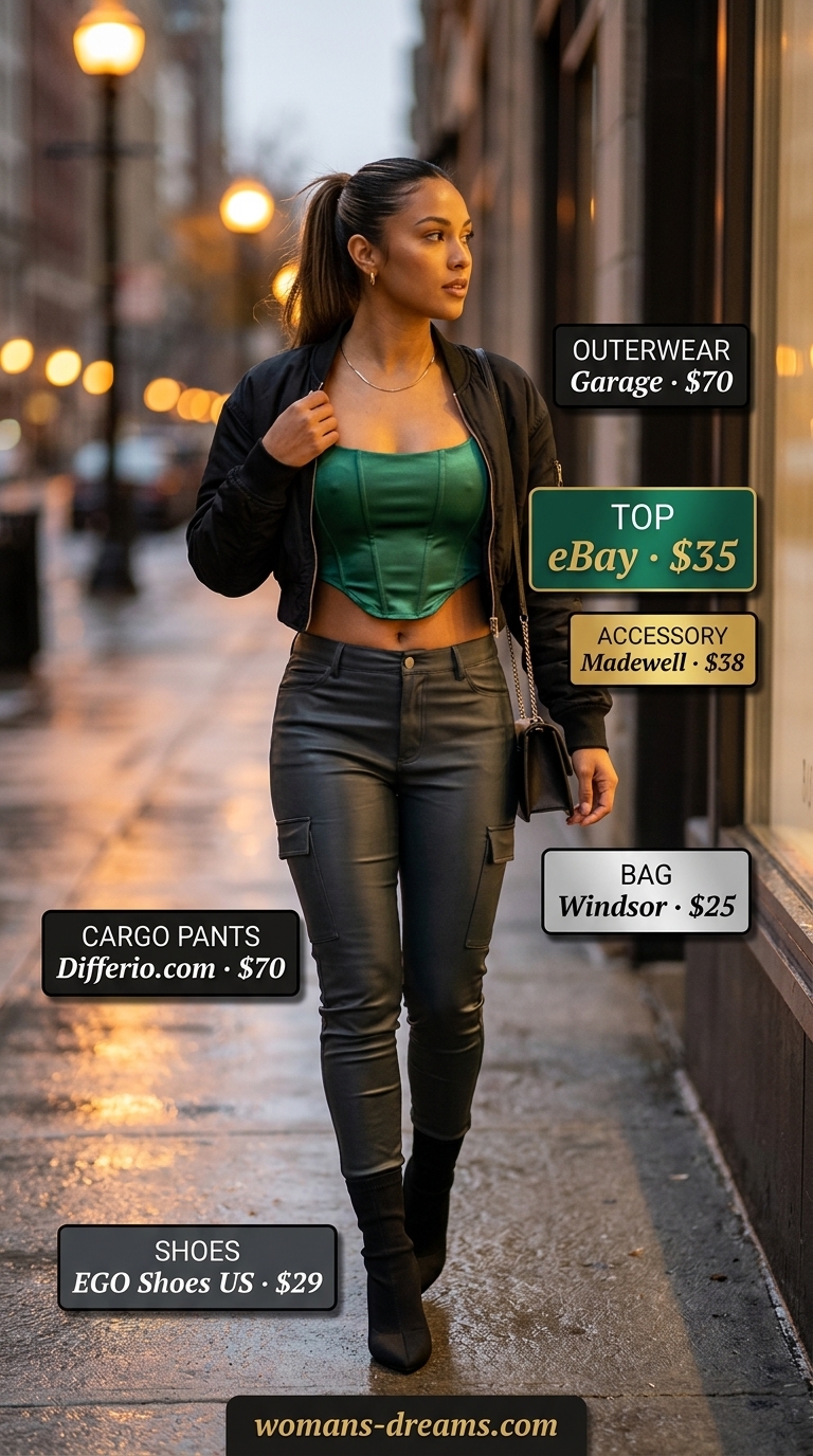 Dark grey faux leather cargo pants outfit for women 2026, perfect for nights out and concerts. Edgy style.