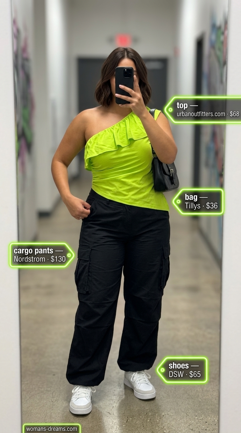Neon green top with black cargo pants for women 2026, perfect for night outs and concerts. Streetwear style.