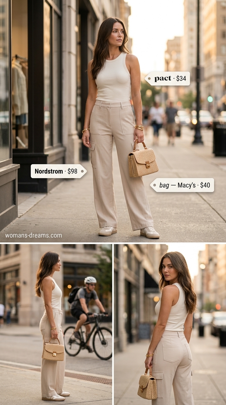 White wide-leg cargo pants outfit for women 2026, perfect for gallery visits and summer brunches. Fresh style.