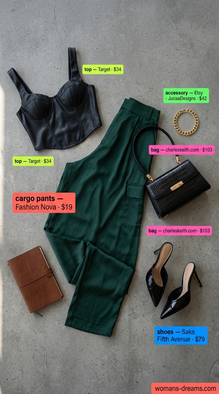 Forest green satin cargo pants outfit for women 2026, perfect for evening drinks and date nights. Glamorous style.