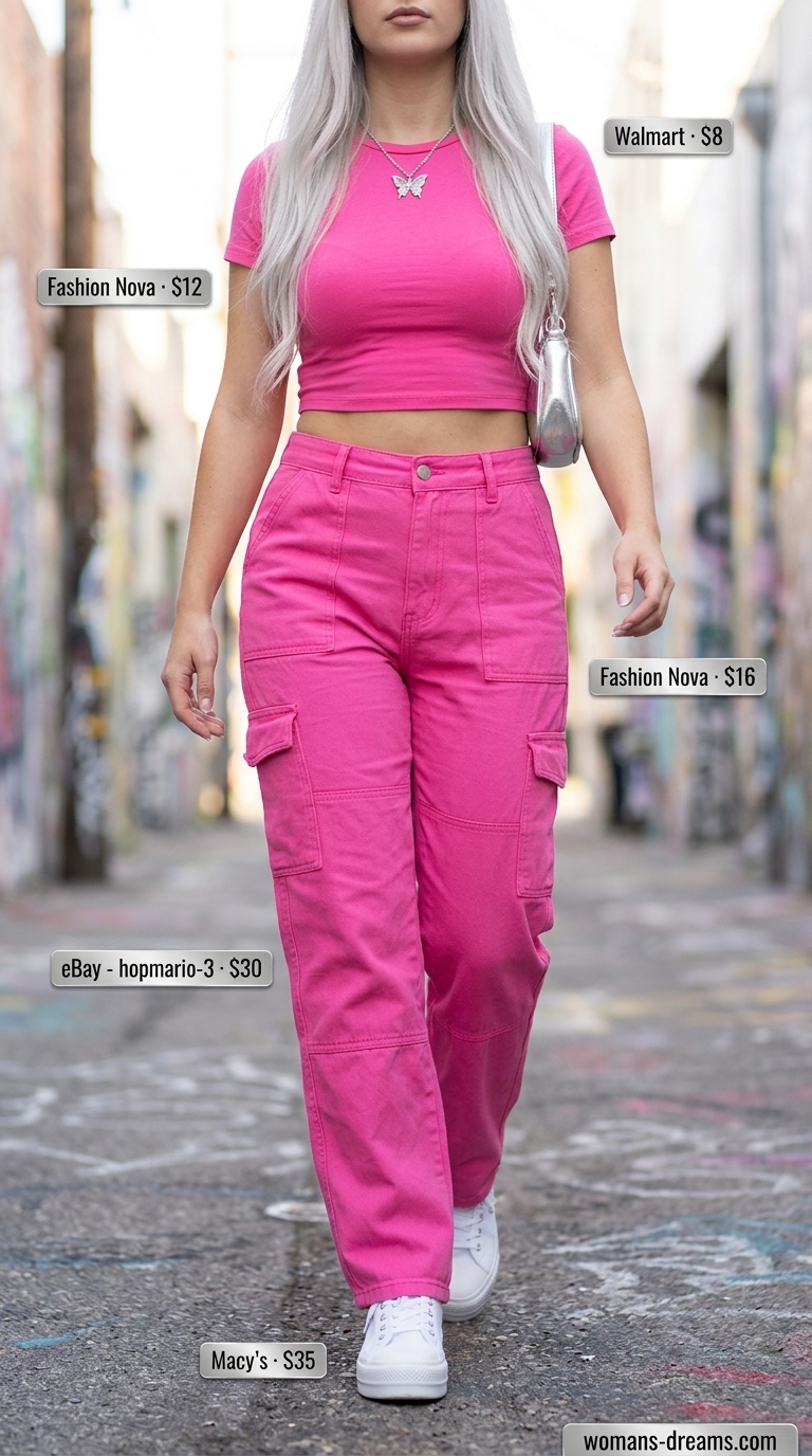 Hot pink cargo pants outfit for women 2026, perfect for concerts and theme parties. Y2K inspired style.
