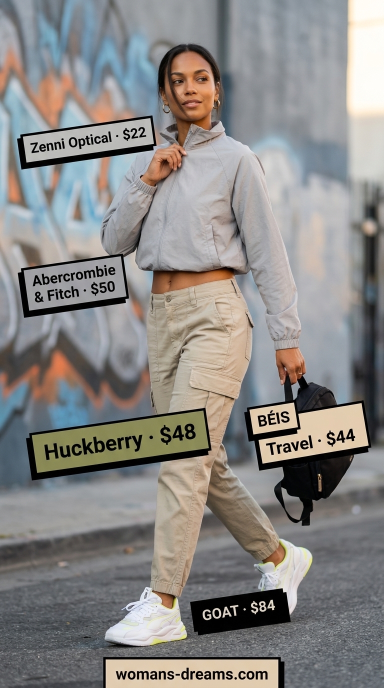 Khaki cargo summer streetwear for women 2026: ripstop pants, cream tank, neon yellow sneakers, windbreaker.
