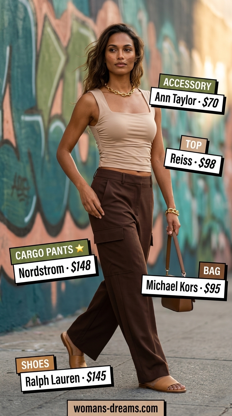 Cargo summer streetwear for women 2026: Beige cargo pants, chocolate tank, leather slides, structured bag. Luxe neutral style.