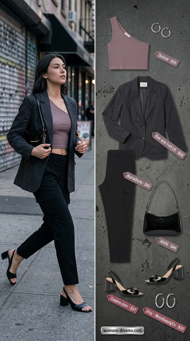 Cargo summer streetwear for women 2026: Black cargo pants, charcoal top, blazer, block heels. Sleek modern evening look.