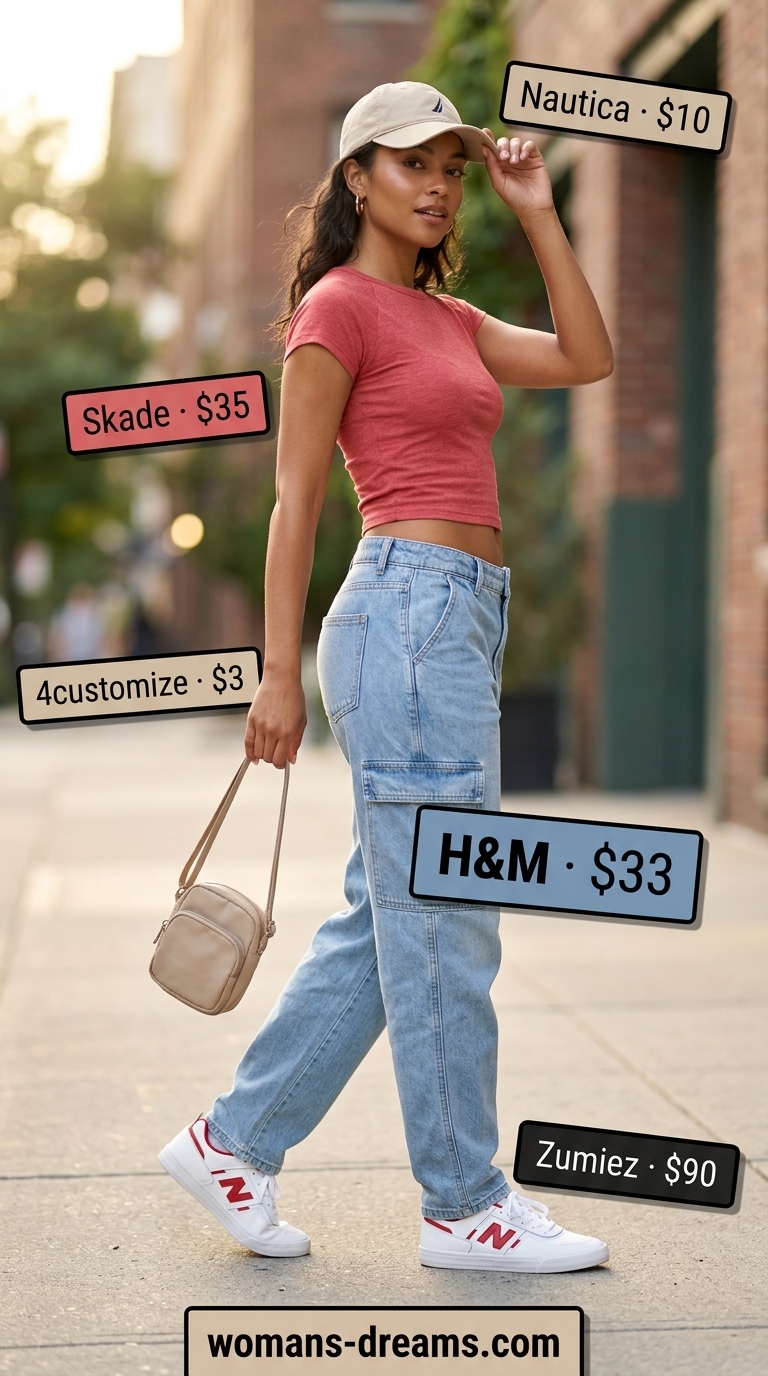 Cargo summer streetwear for women 2026: Baggy denim cargo jeans, graphic tee, red cap, skate sneakers. Casual park style.