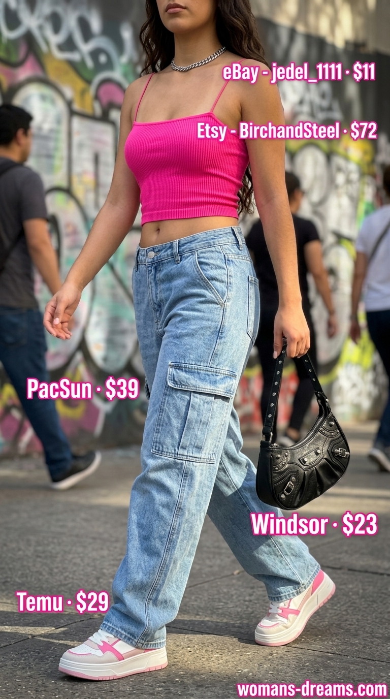 Cargo summer streetwear for women 2026: Denim cargo pants, hot pink top, platform sneakers, silver necklace. Bold neon vibe.