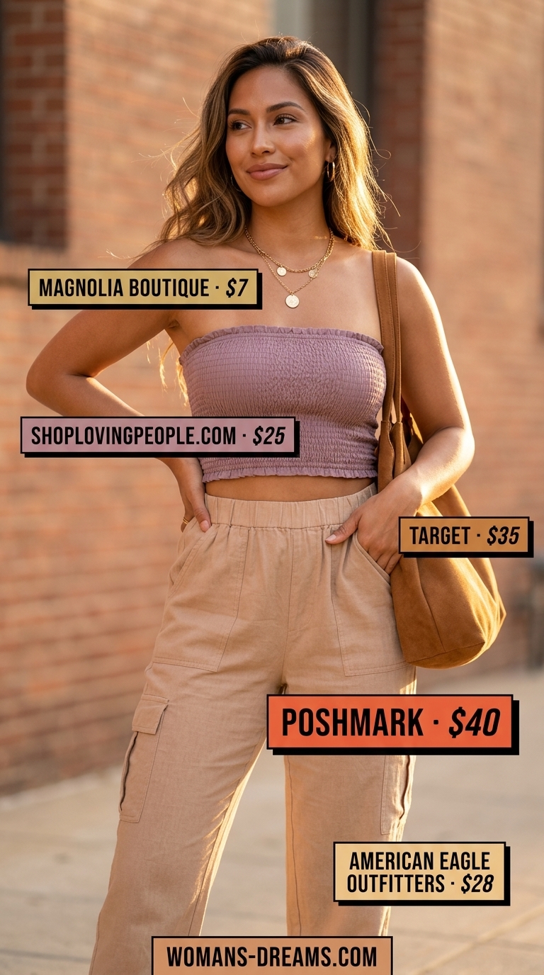 Boho cargo summer streetwear for women 2026: cream linen pants, terracotta top, gold necklaces, raffia sandals.