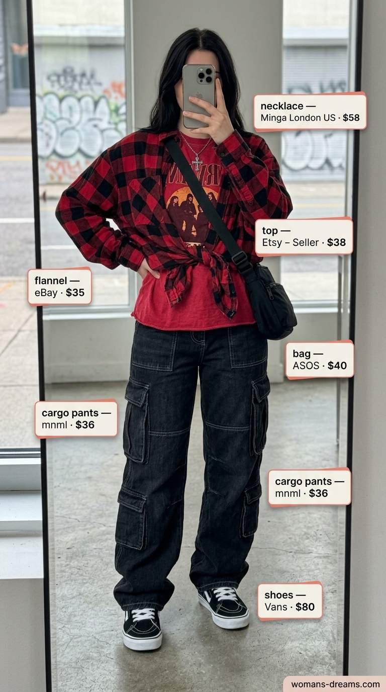 Grunge cargo summer streetwear for women 2026: washed black pants, red flannel, band tee, high-tops.
