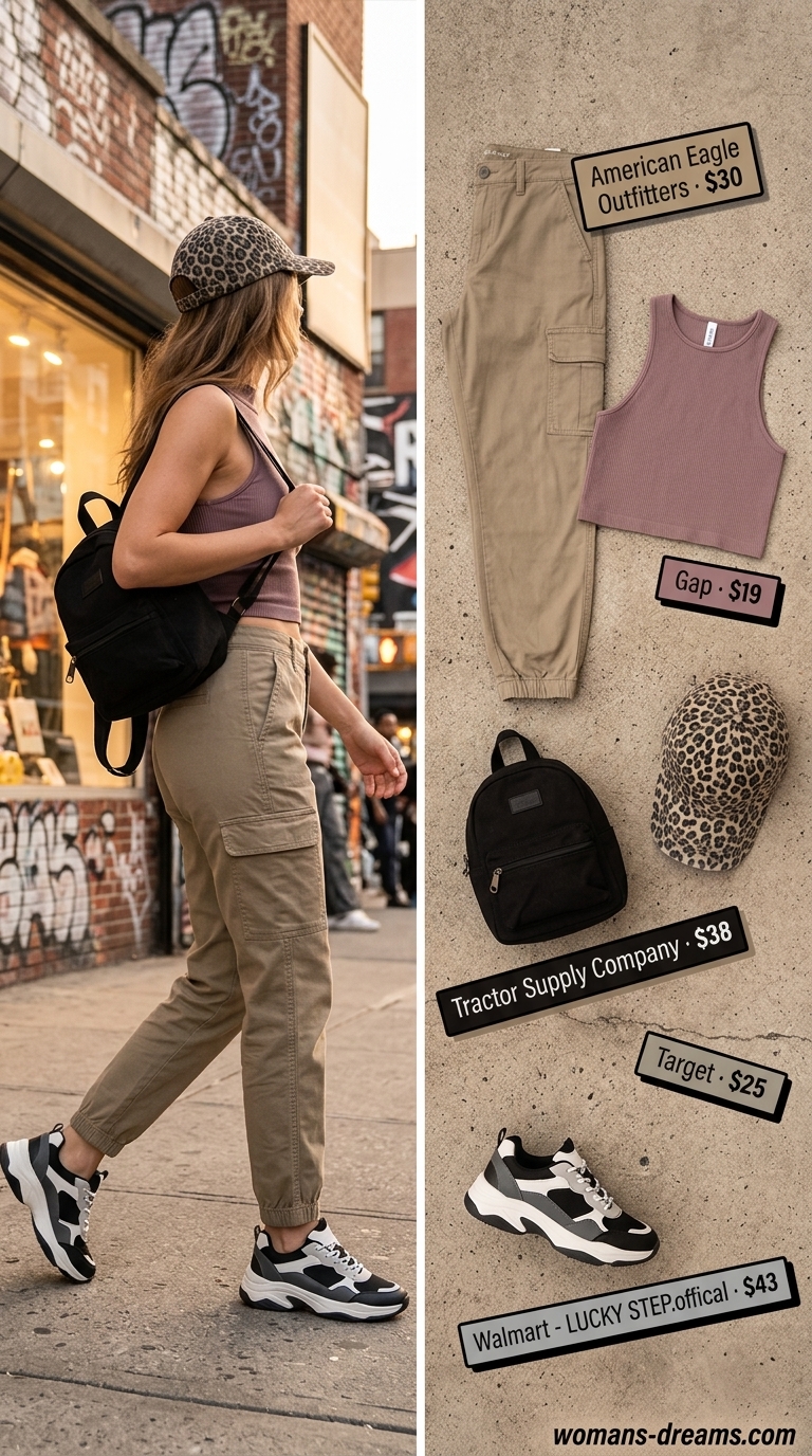 Cargo summer streetwear for women 2026: Khaki cargo pants, black crop top, leopard cap, chunky sneakers. Urban safari vibe.
