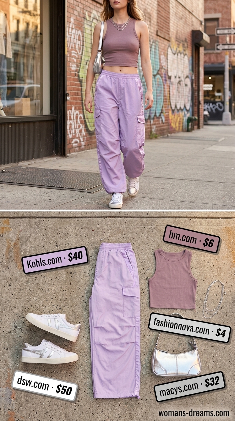 Cargo summer streetwear for women 2026: Lavender cargo pants, cream tank, silver bag, retro sneakers. Soft pastel look.