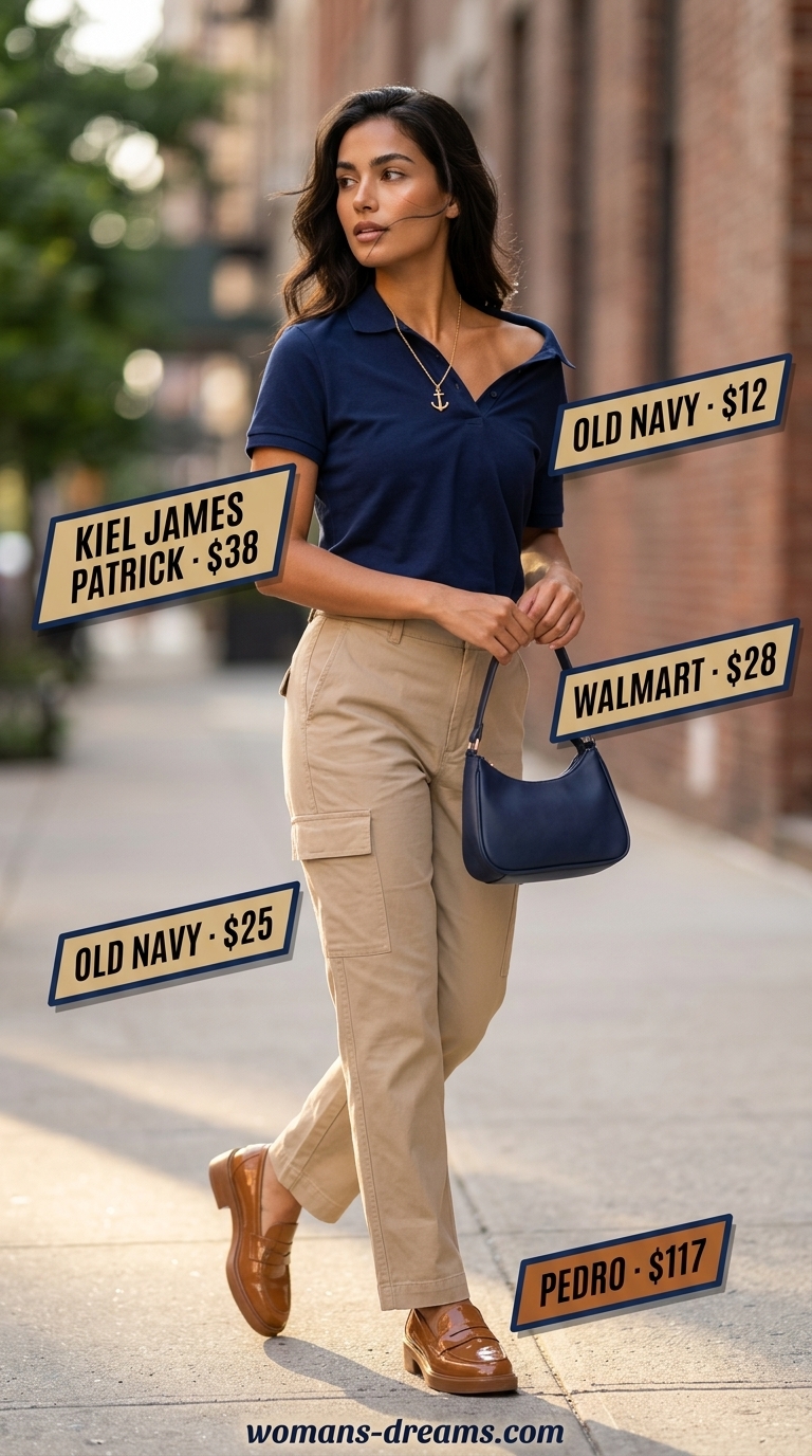 Preppy cargo summer streetwear for women 2026: navy trousers, white polo, yellow bag, loafers.