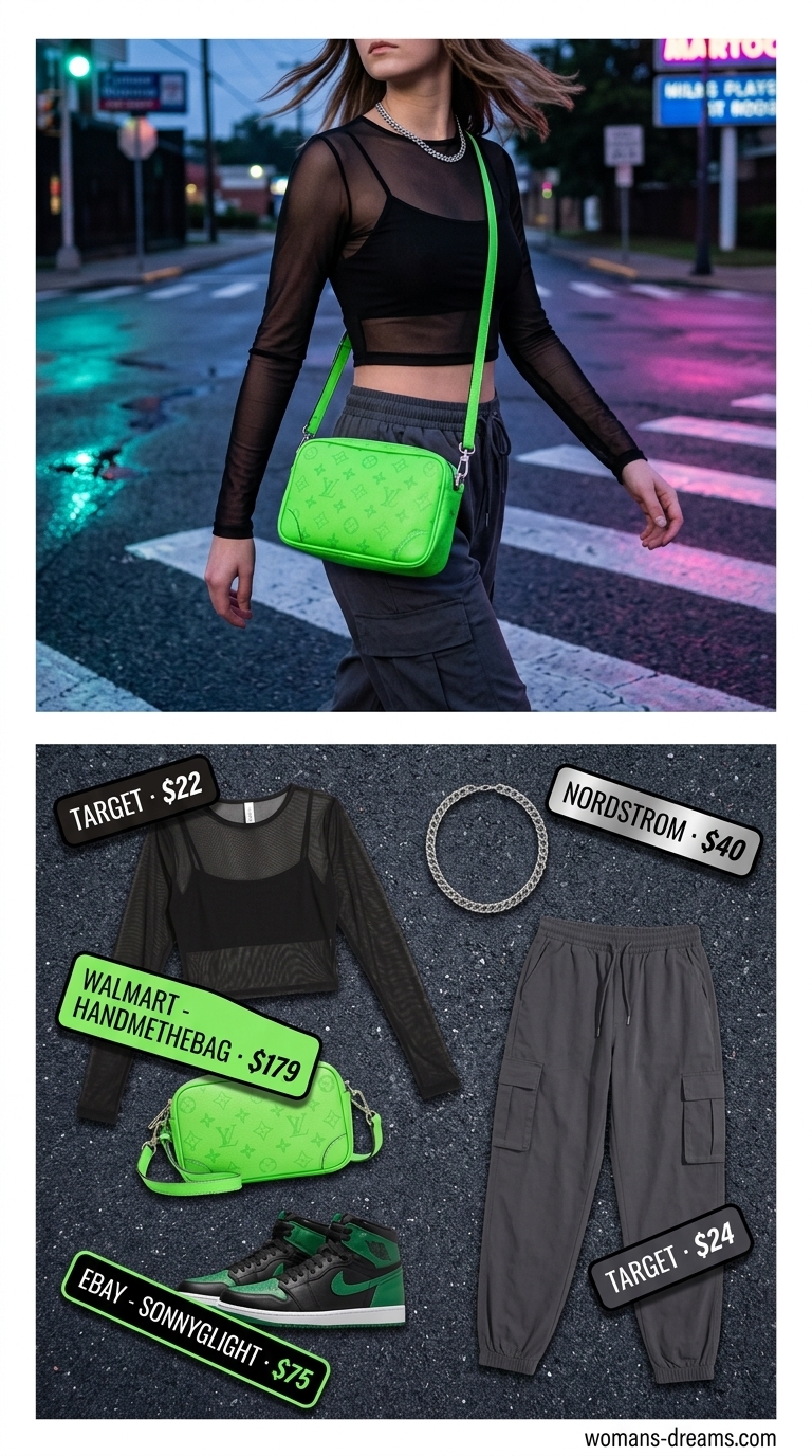 Neon cargo summer streetwear for women 2026: charcoal joggers, neon green bag, mesh top, high-top sneakers.