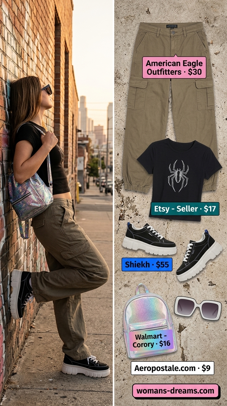 Cargo summer streetwear for women 2026: Bubblegum pink cargo pants, graphic tee, platform sneakers, mini backpack. Playful festival look.