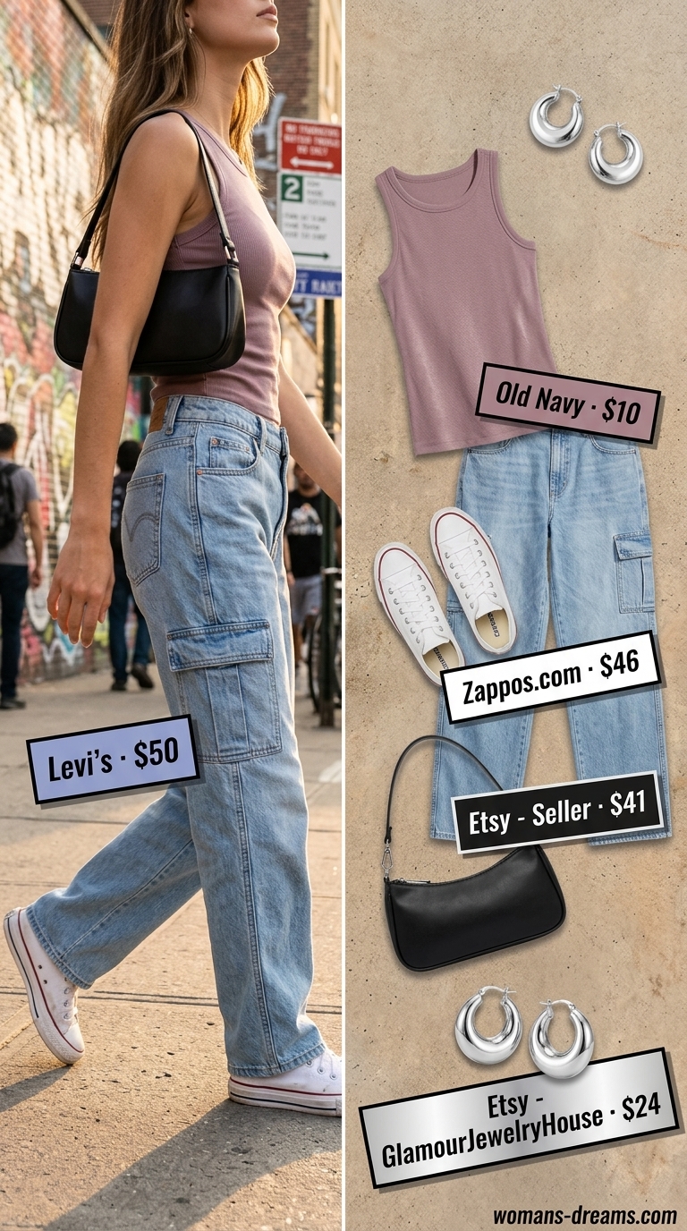 Denim cargo summer streetwear for women 2026: baggy jeans, white tank, red bag, hoop earrings.