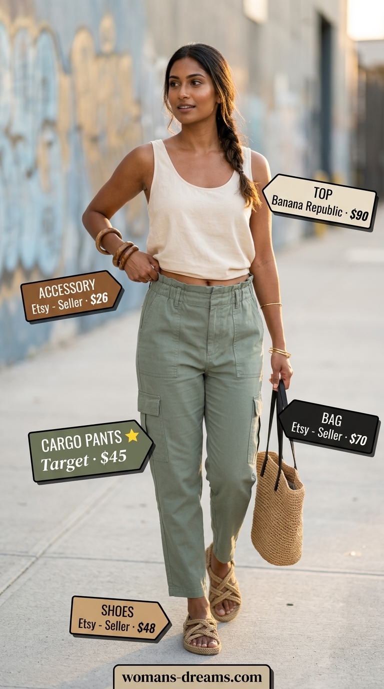 Cargo summer streetwear for women 2026: Sage green cargo pants, cream tank, jute sandals, straw tote. Earthy bohemian vibe.