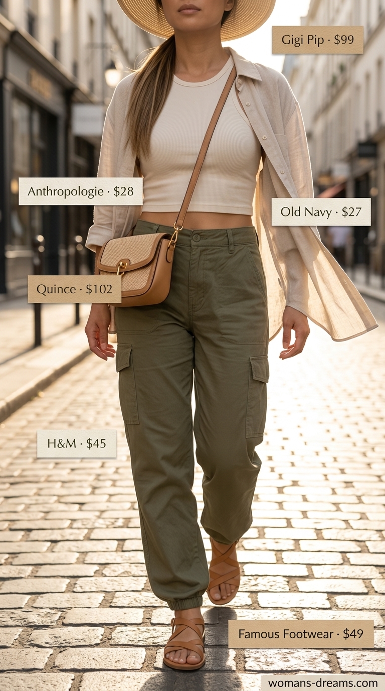 Olive cargo summer streetwear for women 2026: twill pants, ecru shirt, straw hat, crossbody bag.