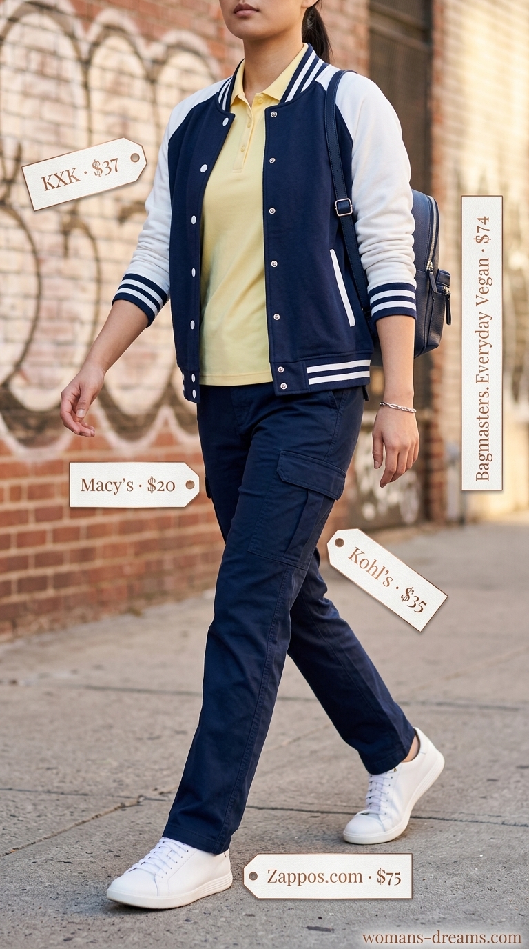 Preppy cargo summer streetwear for women 2026: navy pants, pastel polo, varsity jacket, mini backpack.