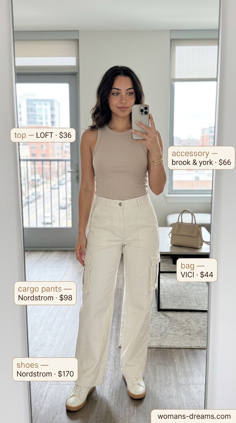 Cargo summer streetwear for women 2026: White cargo pants, cream tank, straw bag, gold jewelry. Perfect for brunch.