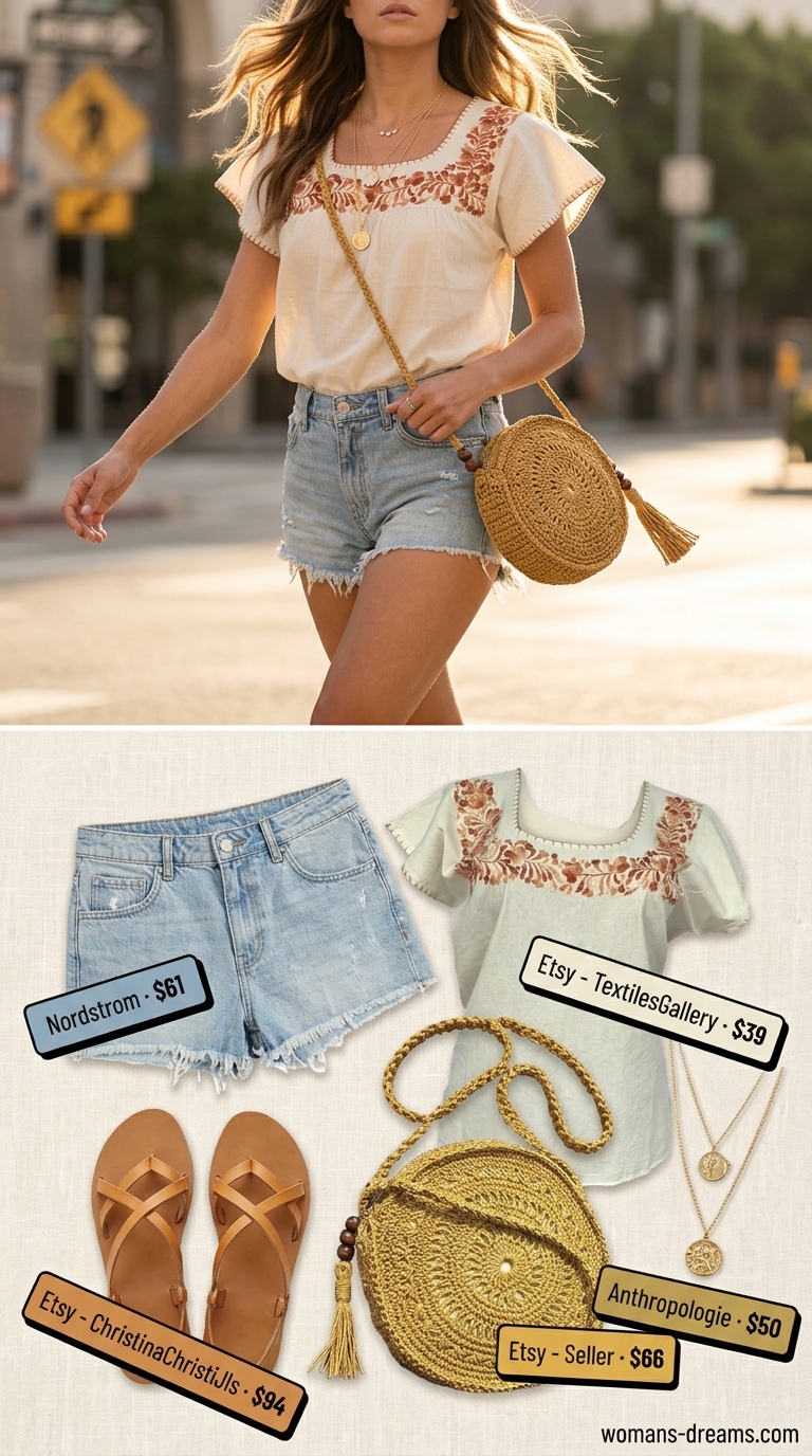 Boho beach day casual short outfits summer for women 2026: Distressed denim shorts, ivory peasant blouse, tan gladiators.