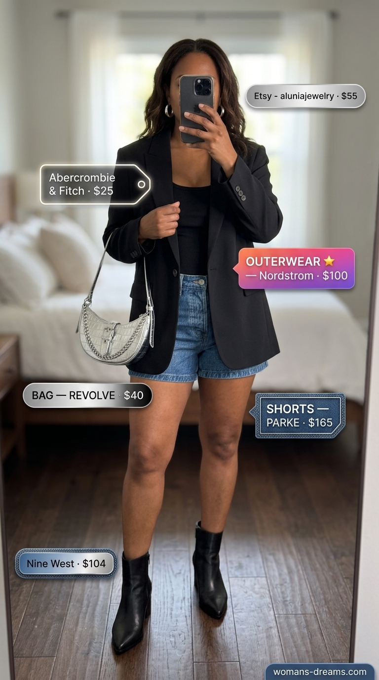 Cool girl contrast casual short outfits summer for women 2026: Denim shorts, knit top, oversized blazer, ankle boots.