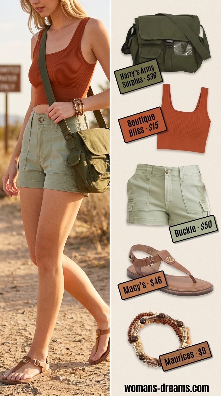 Desert wanderer casual short outfits summer for women 2026: Khaki cargo shorts, burnt orange crop top, brown sandals.