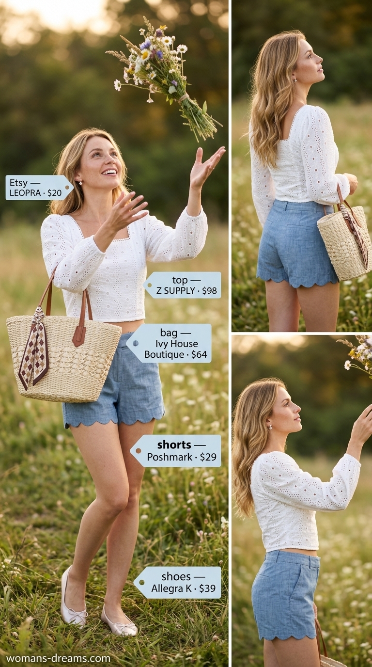Casual short outfits summer for women 2026: Light blue chambray shorts, white eyelet top, blush pink flats for a picnic.