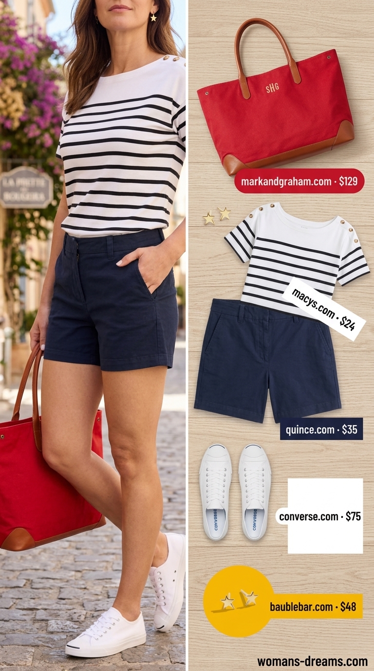 Classic Riviera casual short outfits summer for women 2026: Navy shorts, striped shirt, white sneakers, red tote.