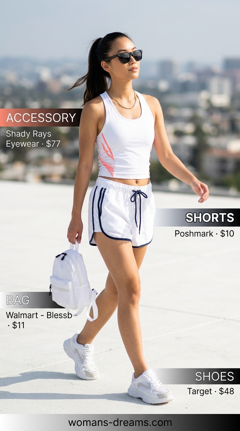 Sporty chic casual short outfits summer for women 2026: White athletic shorts, graphic sweatshirt, chunky sneakers.