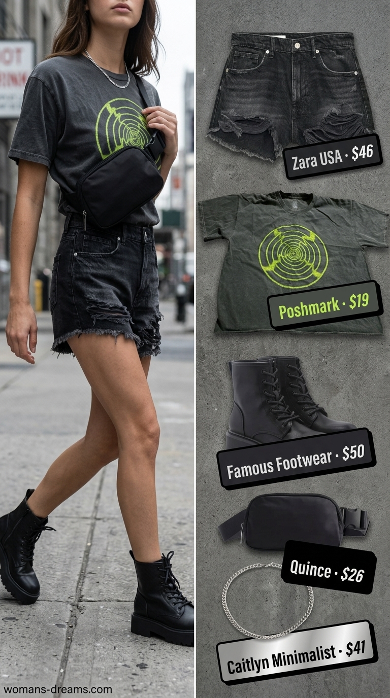 Urban edge casual short outfits summer for women 2026: Black denim shorts, graphic tee, combat boots, belt bag.