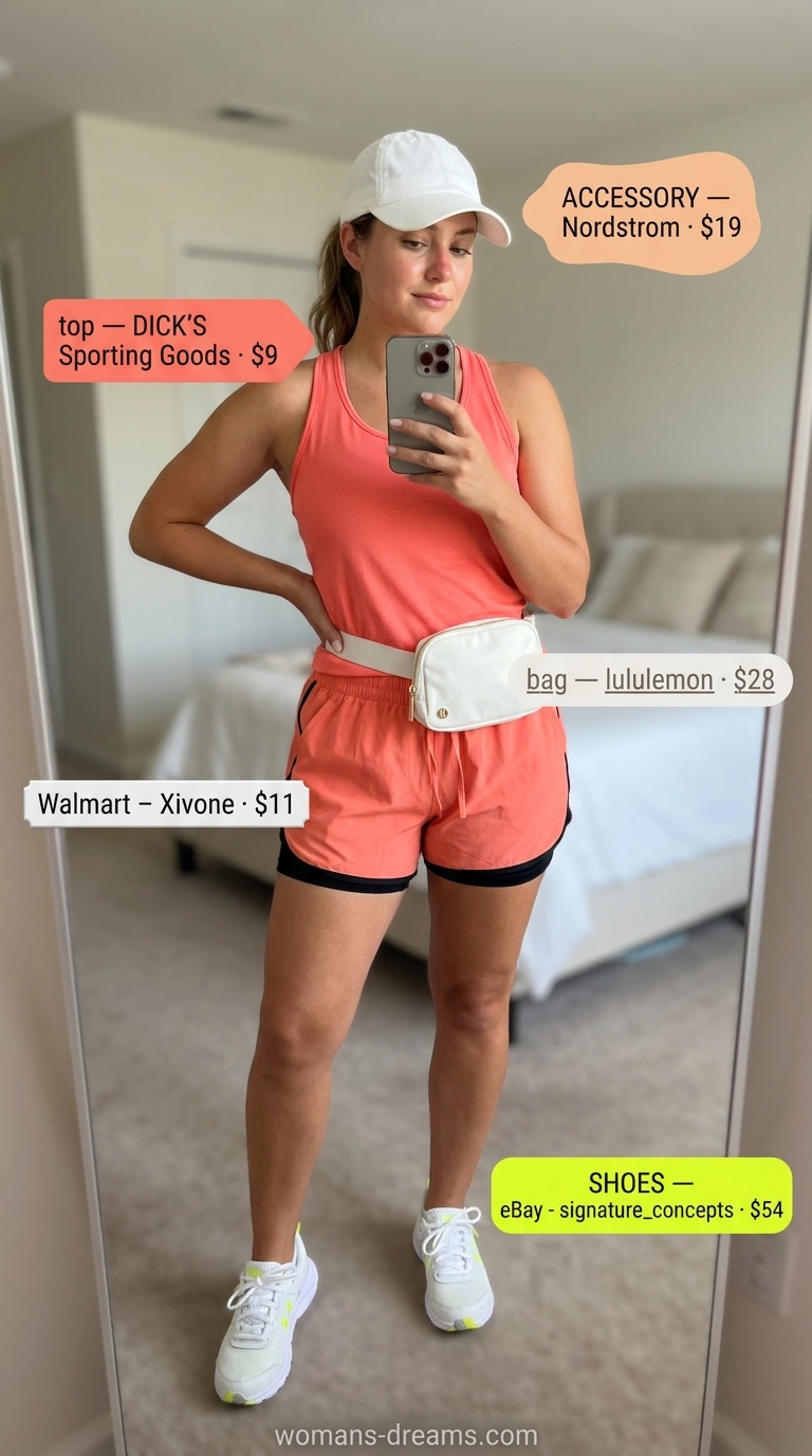Casual short outfits summer for women 2026: bright coral athletic shorts, white tank, running sneakers.
