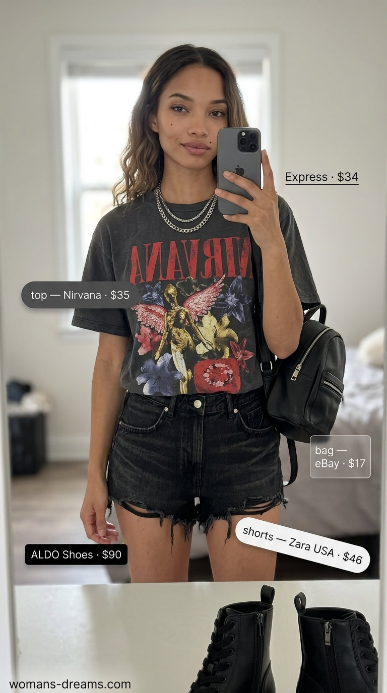 Casual short outfits summer for women 2026: Distressed black shorts, graphic tee, ankle boots for city stroll.