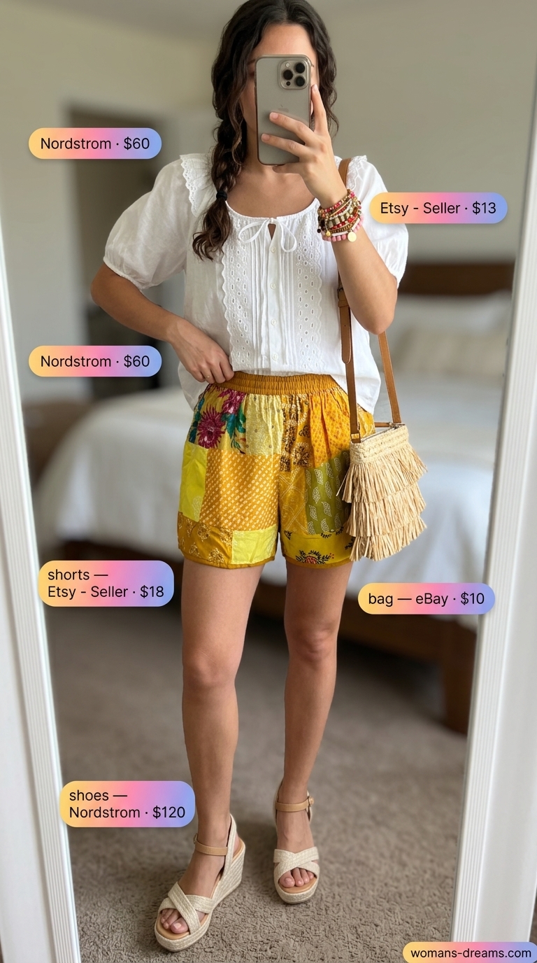 Casual short outfits summer for women 2026: Boho floral shorts, white peasant blouse, espadrilles for festival.