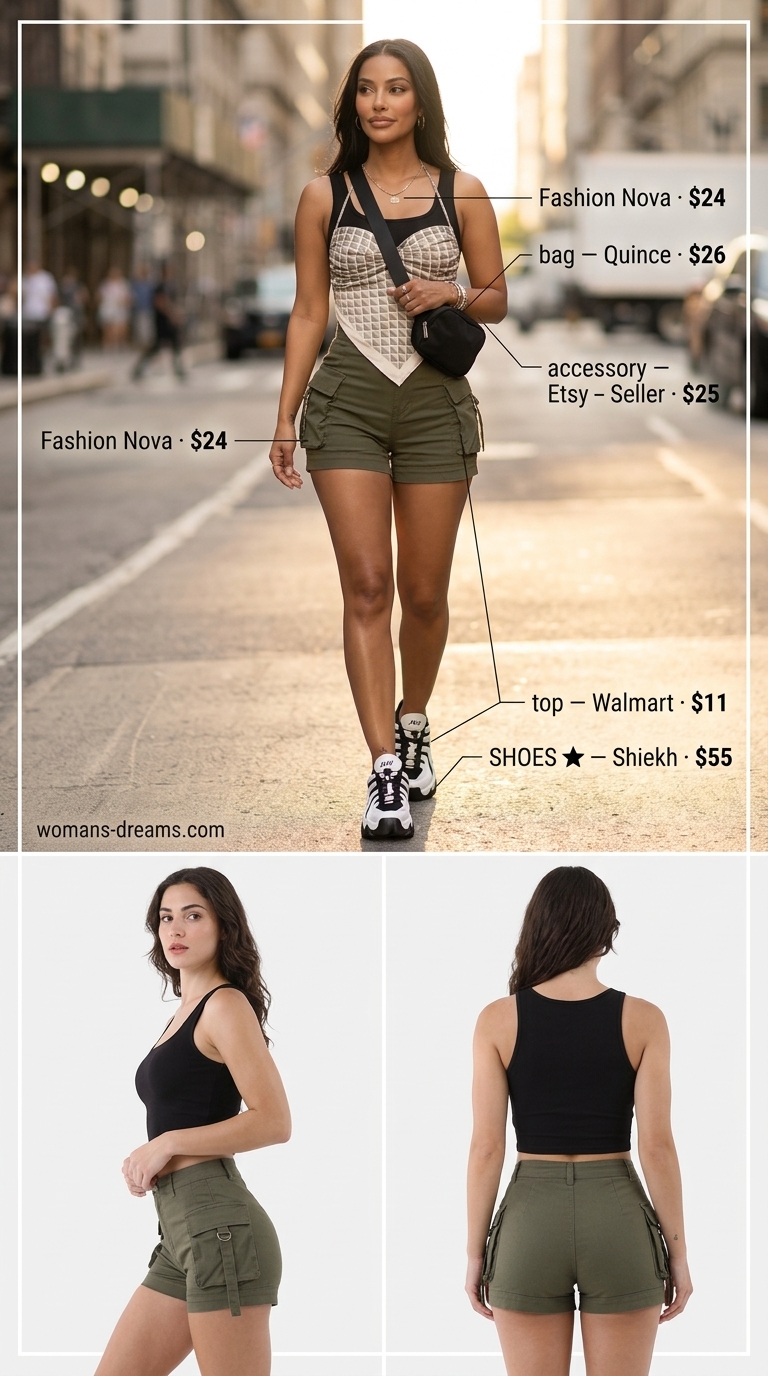 Casual short outfits summer for women 2026: khaki cargo shorts, black crop top, platform sneakers, belt bag.