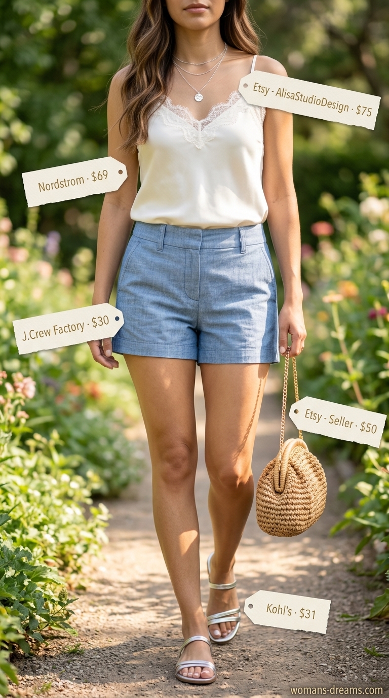 Casual short outfits summer for women 2026: Light blue chambray shorts, lace cami, silver sandals for getaway.