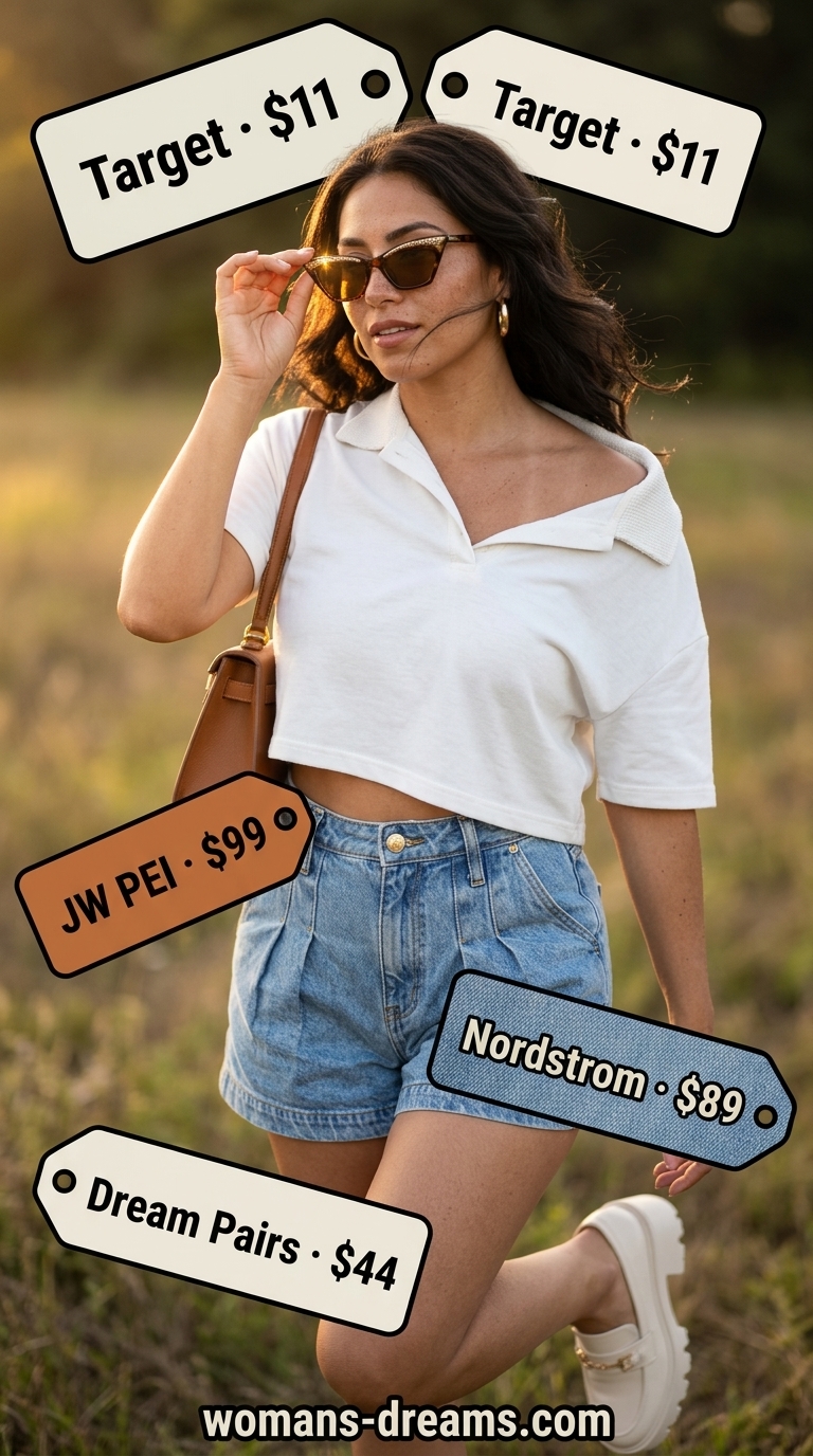 Casual short outfits summer for women 2026: Dark denim pleated shorts, white polo, platform loafers for picnic.