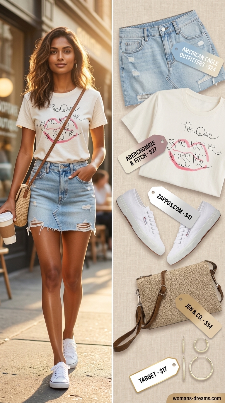 Casual short outfits summer for women 2026: light blue denim shorts, cream graphic tee, white sneakers, gold hoops.