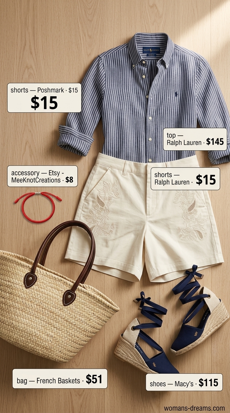Casual short outfits summer for women 2026: ecru embroidered shorts, striped shirt, espadrilles, straw tote.