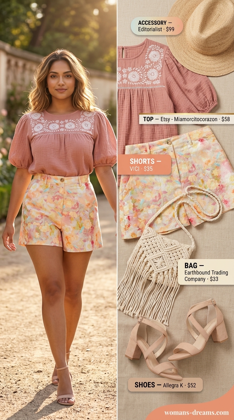 Casual short outfits summer for women 2026: Rust floral shorts, cream peasant blouse, suede sandals for festival.