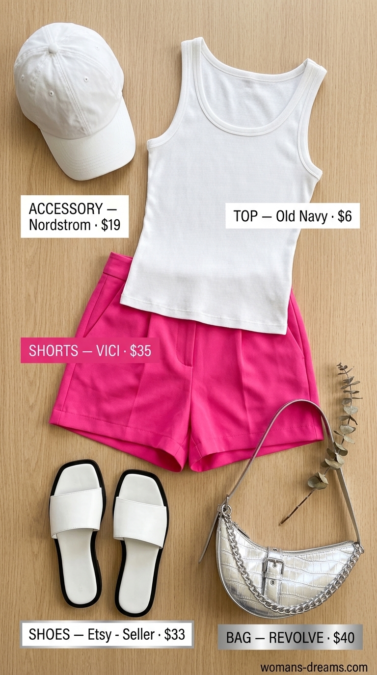 Casual short outfits summer for women 2026: hot pink shorts, white tank, slide sandals, silver crossbody.
