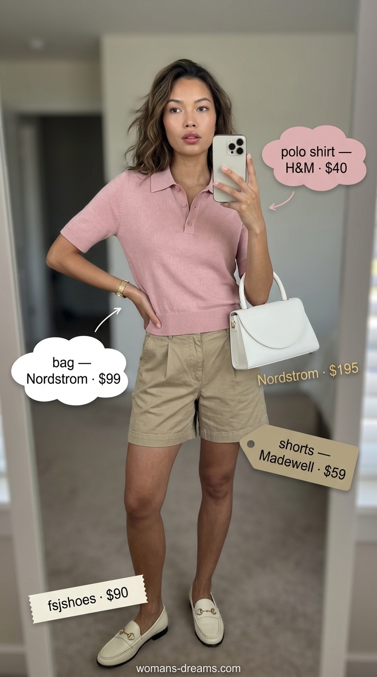 Casual short outfits summer for women 2026: Khaki tailored shorts, pink polo, loafers for country club.